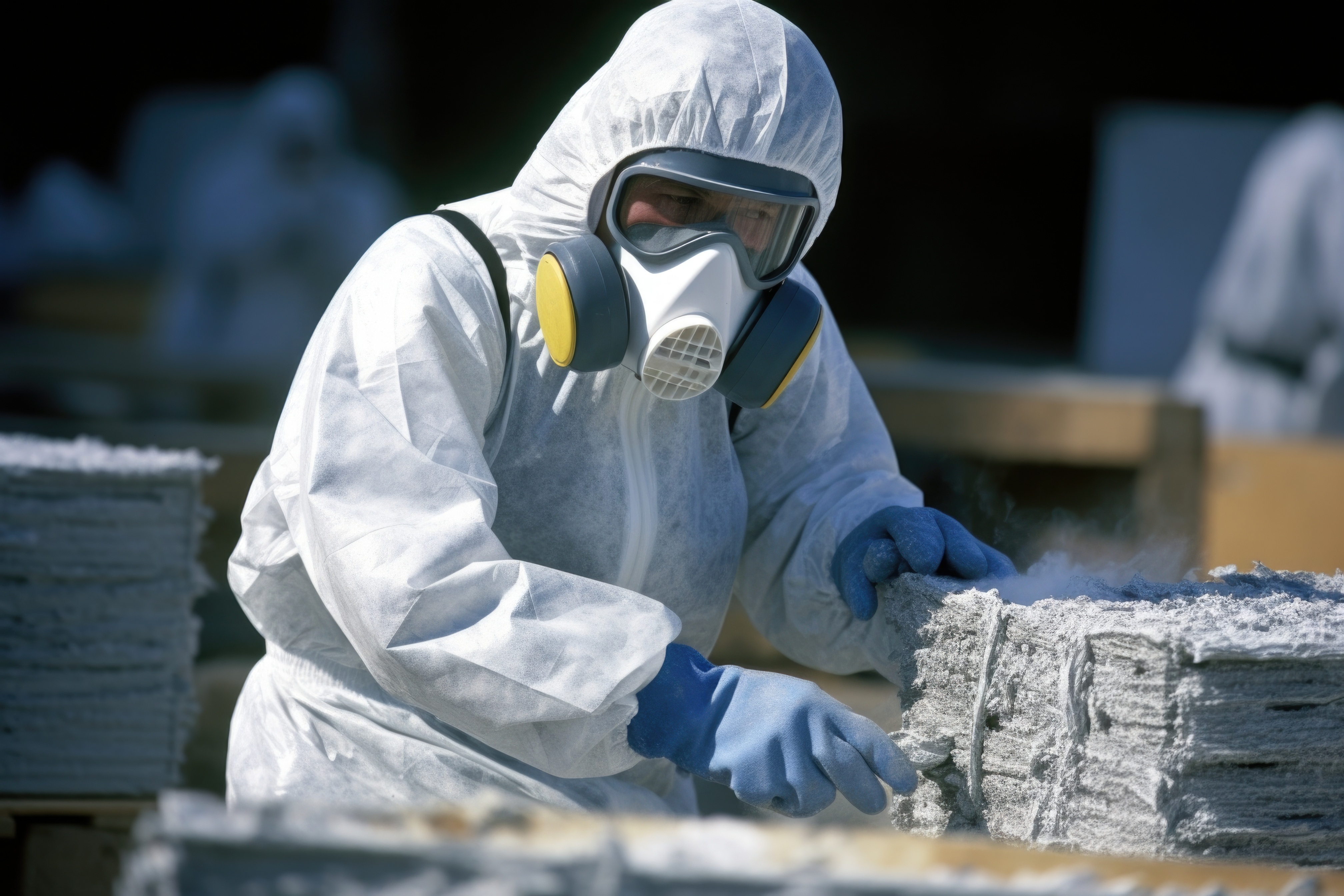 An industrial worker handles asbestos in a suit to not get exposure leading to Mesothelioma.