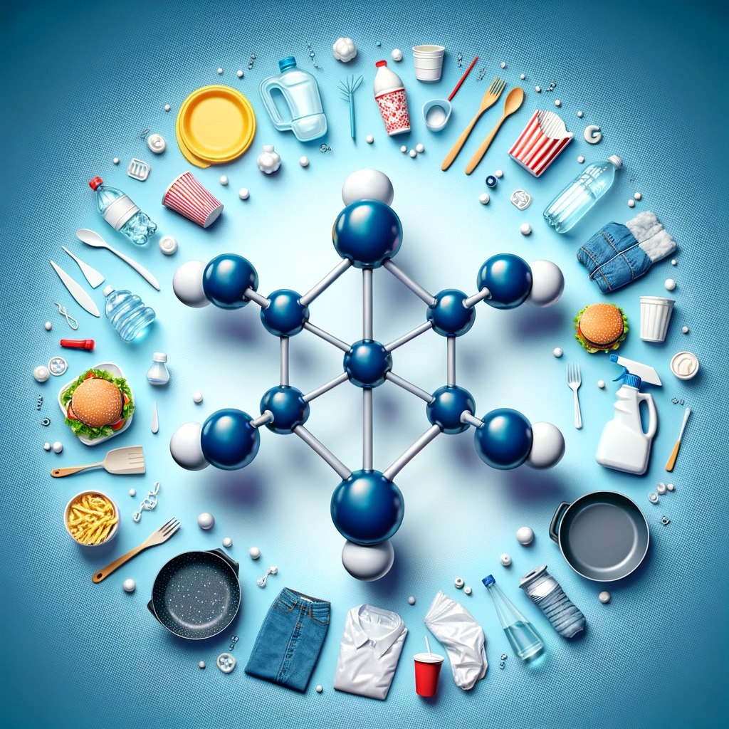 An image of the PFAS chemical makeup surrounded by items made from PFAS symbolizing PFAS cleanup efforts. 