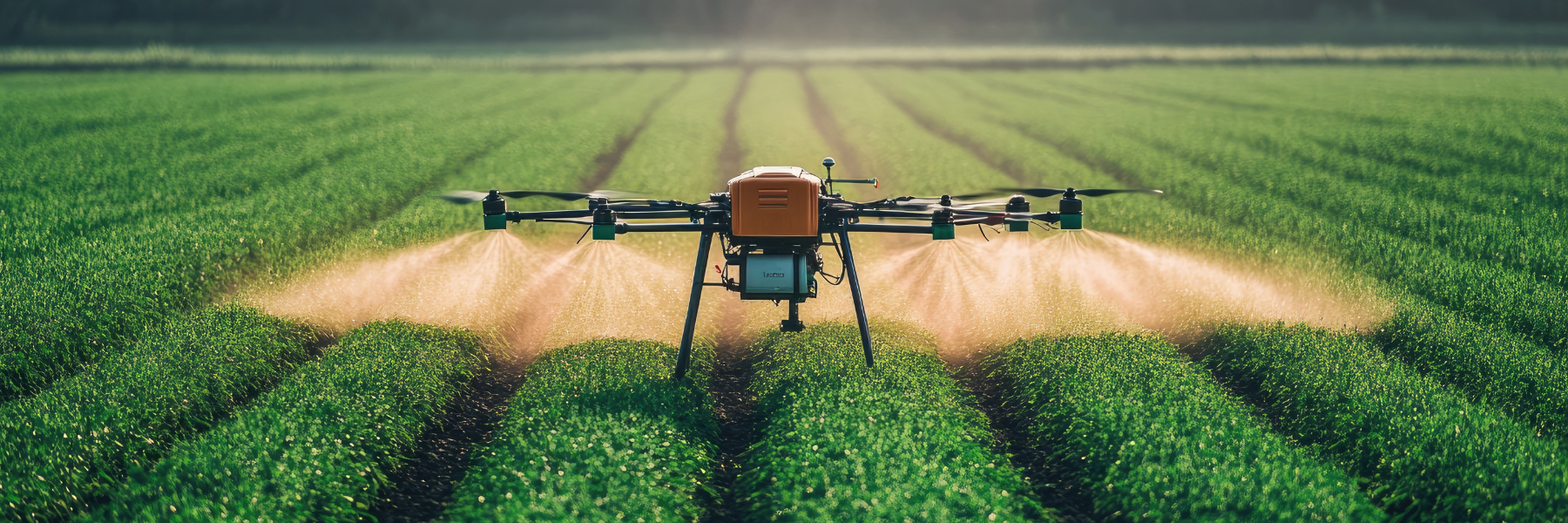 An agricultural sprayer disperses Roundup glyphosate herbicide over neat rows of green crops in a sunlit field
