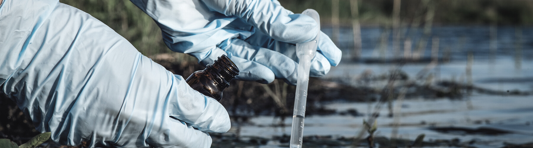 Gloved researcher extracting a water sample from a pond