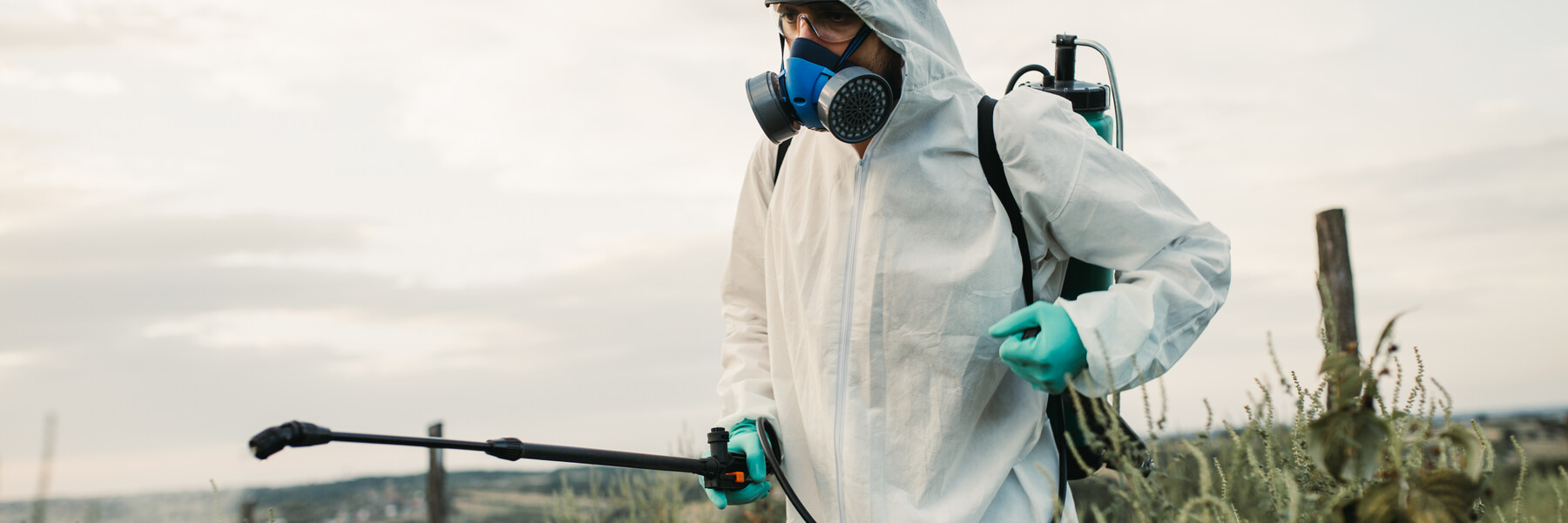 worker in PPE spraying herbicide