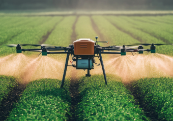 An agricultural sprayer disperses Roundup glyphosate herbicide over neat rows of green crops in a sunlit field
