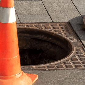 Open manhole cover with a traffic cone in front of it