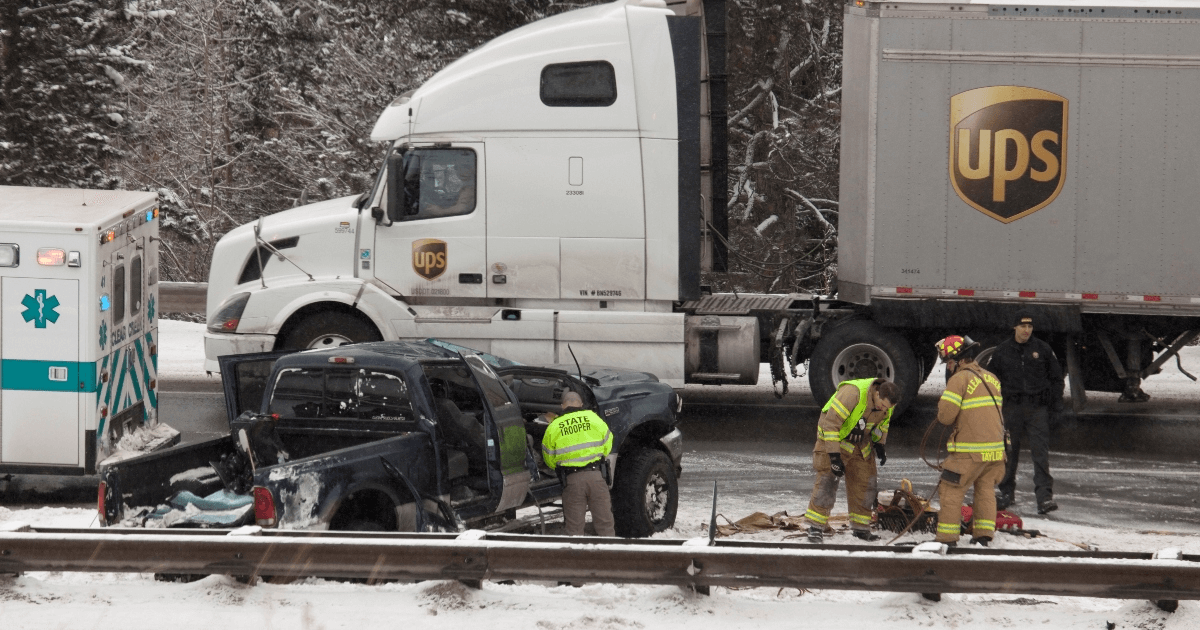 Scene of semi-truck vs pickup truck crash