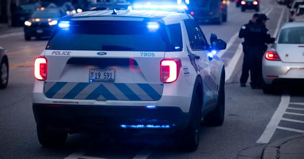 Back of a Chicago police car with lights on at night