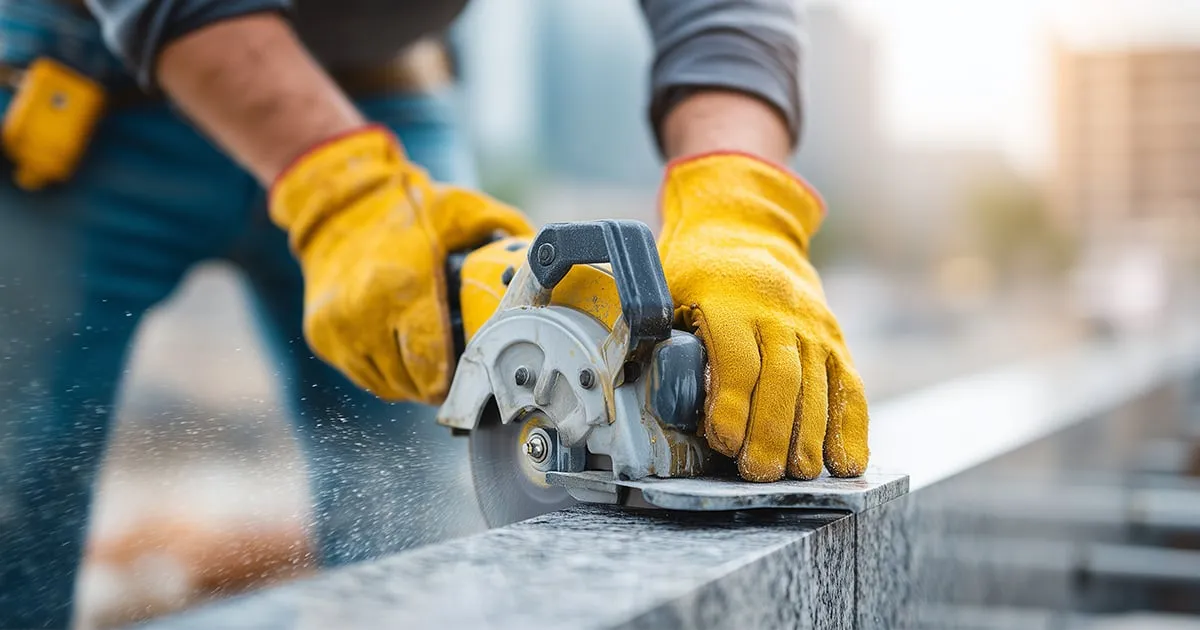 Worker using a circular saw to cut stone, creating silica dust exposure