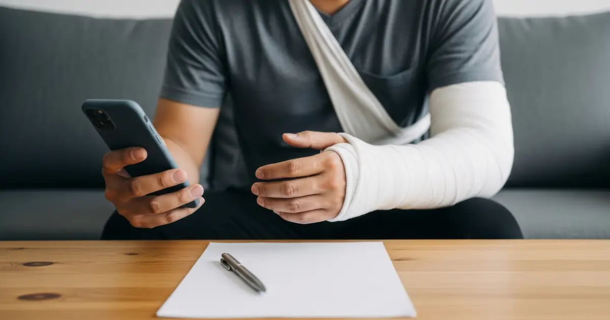 man with cast on arm using cellphone